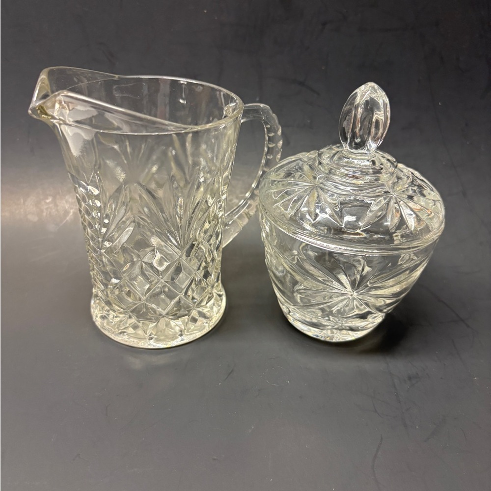 Vintage Anchor Hocking Star of David Clear Glass Pitcher and Sugar Bowl Set
